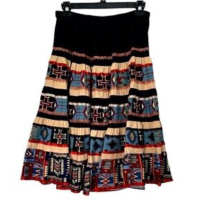 Handmade Skirt Circle Aztec Black Cream & Turquoise Boho Tiered Maxi  Size M